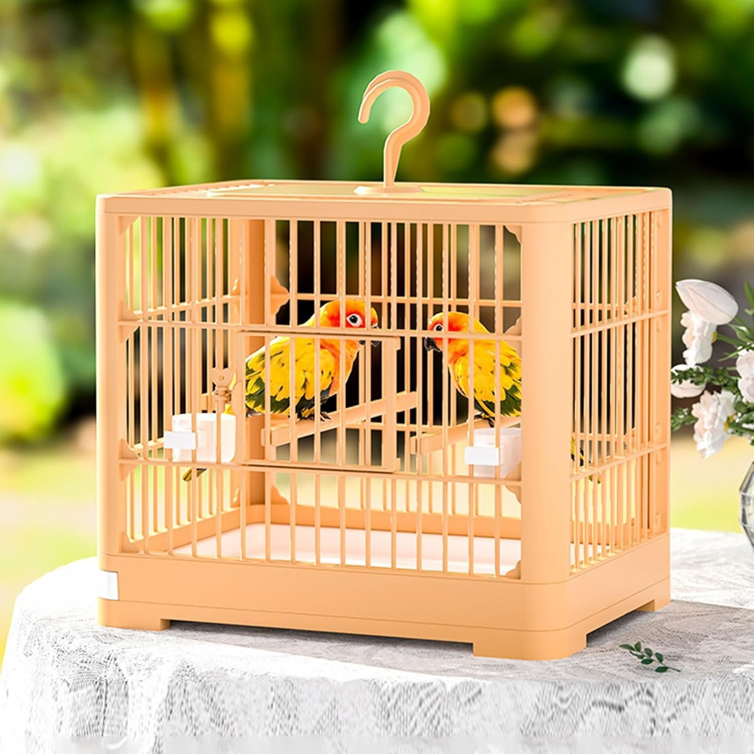 Parrot Cage, Portable Birdcage with Stand for Parrots, with Feeder Plastic Hanging Bird House Carrier, Foldable Pet House Cage, Lightweight Travel Cage with Detachable Tray Hook Handle, Orange image number 6
