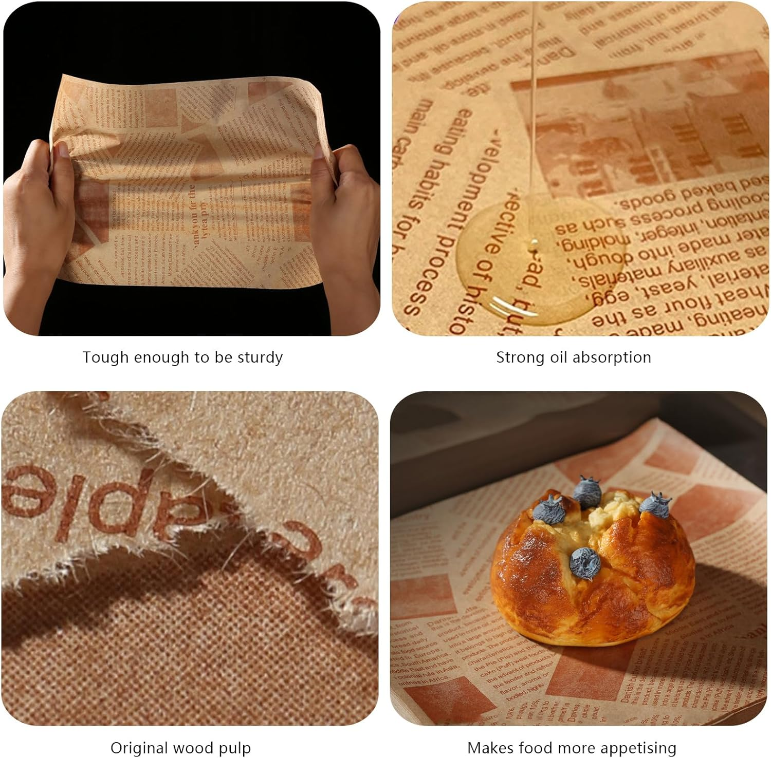 200 PCS 4 Sizes Newspaper Greaseproof Paper Sheets, Burger Cheese Wrapping Papers, Napkins Greaseproof Paper, Old Newspaper Baking Papers for Cheese Bread Sandwich Fries (22Cm, 20Cm, 18Cm, 15Cm) image number 1