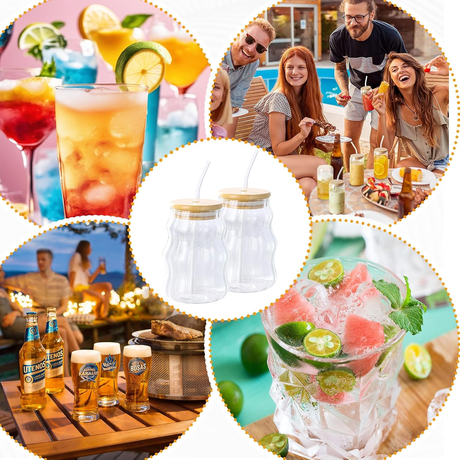 4 Pieces Cappuccino Glasses, Coffee Glasses Set with Lid and Straw, 500Ml Latte Macchiato Cups Glass Origami Style Glasses Drinking Coffee Cups Ribbed for Latte Tea Ice Milk Beer