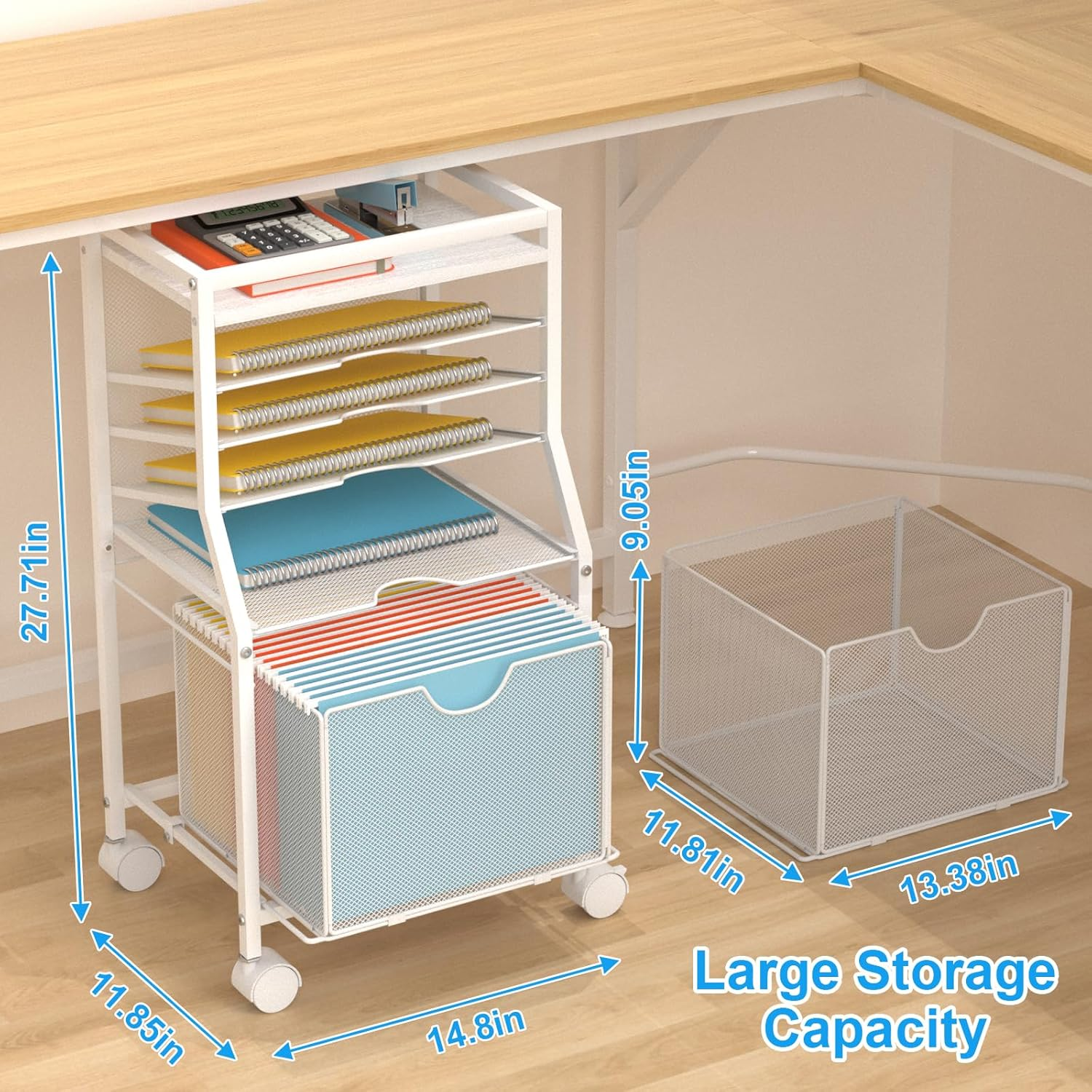 BOHDK Rolling File Cart, 6-Tier under Desk Organizer on Lockable Wheels, Wood Planks & Mesh File Cart with Sliding Drawer and Paper Trays for Office Home School, 14.8" L X 11.8" D X 27.7" H, White image number 3