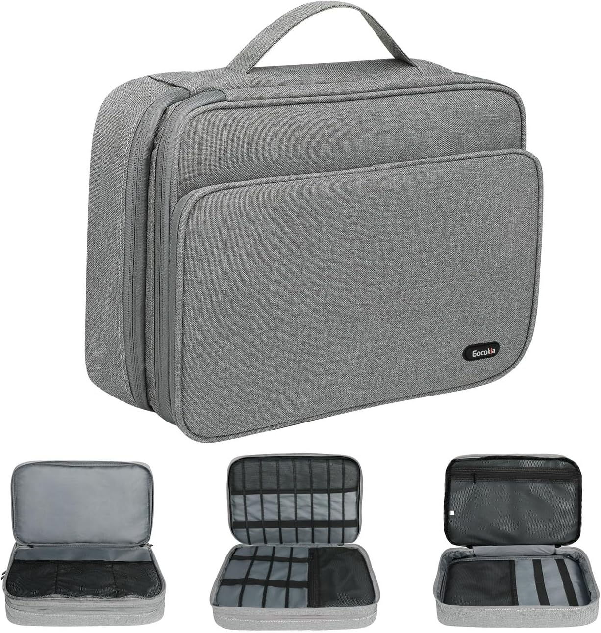 Gocokia plus Large Capacity Electronic Accessories Organizer, Storage Handbag with Front Pocket Travel Cable Organizer Gadget Bag Carry Pouch for Ipad 11,Hard Drives, Power, Charger -Grey, Grey, L, image number 4