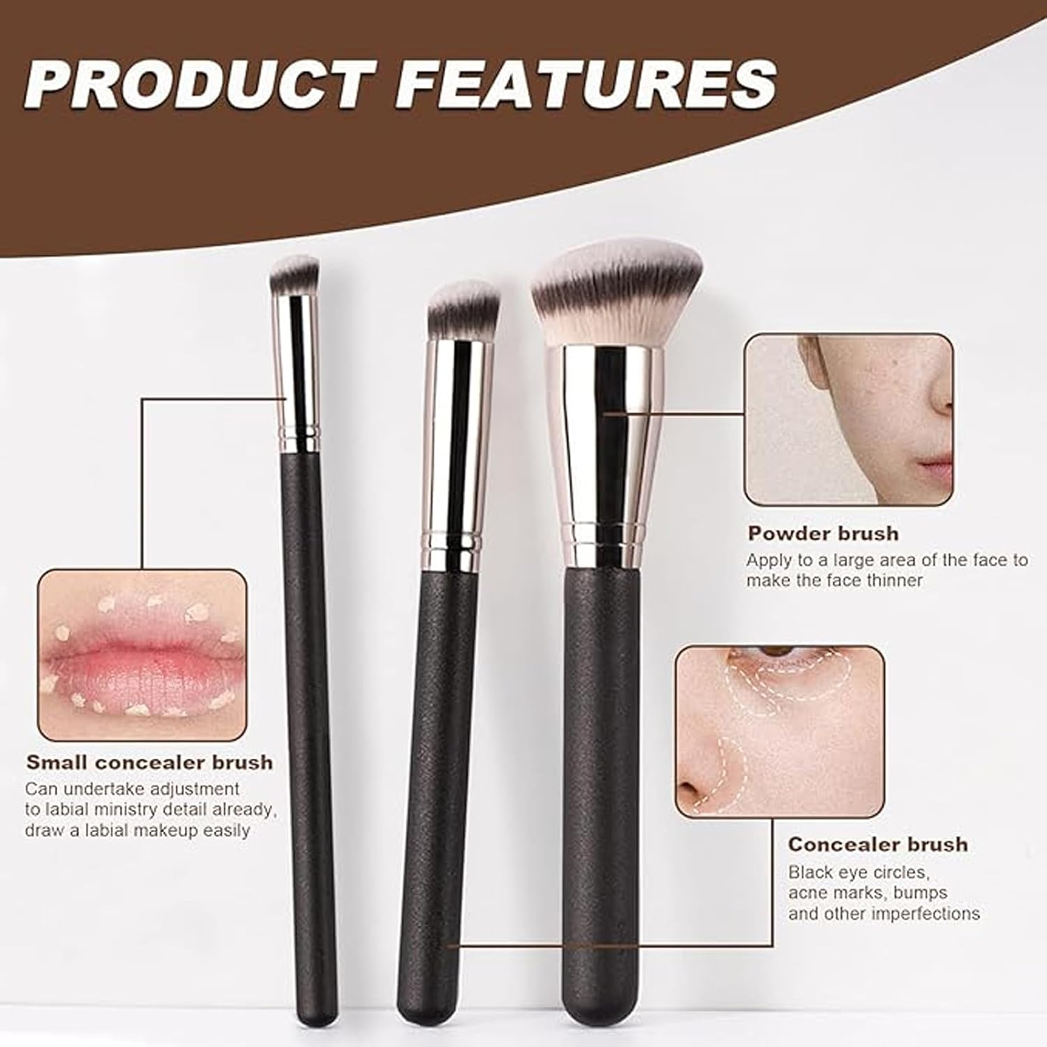 3Pcs Foundation Concealer Brush, Slanted Foundation Brush for Liquid Makeup, Precise Makeup Brushes for Blending Cream, Powder, Buffing, Stippling, under Eye Concealer image number 5