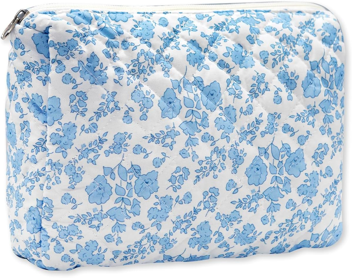 Long Keeper Large Makeup Bag Floral Aesthetic Cosmetic Bag Women Cotton Travel Make up Bag Cute Flower Toiletry Organizer Bag, Blue Green Flower, Trendy