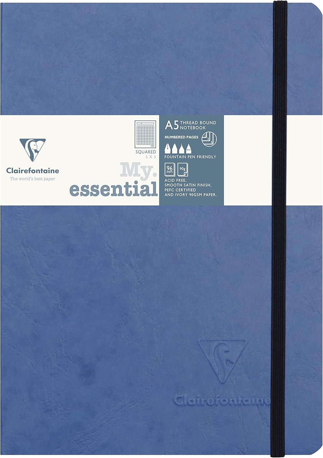 Clairefontaine 793425C Collection Age Bag One Stitched My.Essential Sewn Notebook Grey - A5 14,8X21 Cm - 192 Numbered Pages Small Squares - 90 G Ivory Paper - Glossy Card Cover Grain Leather