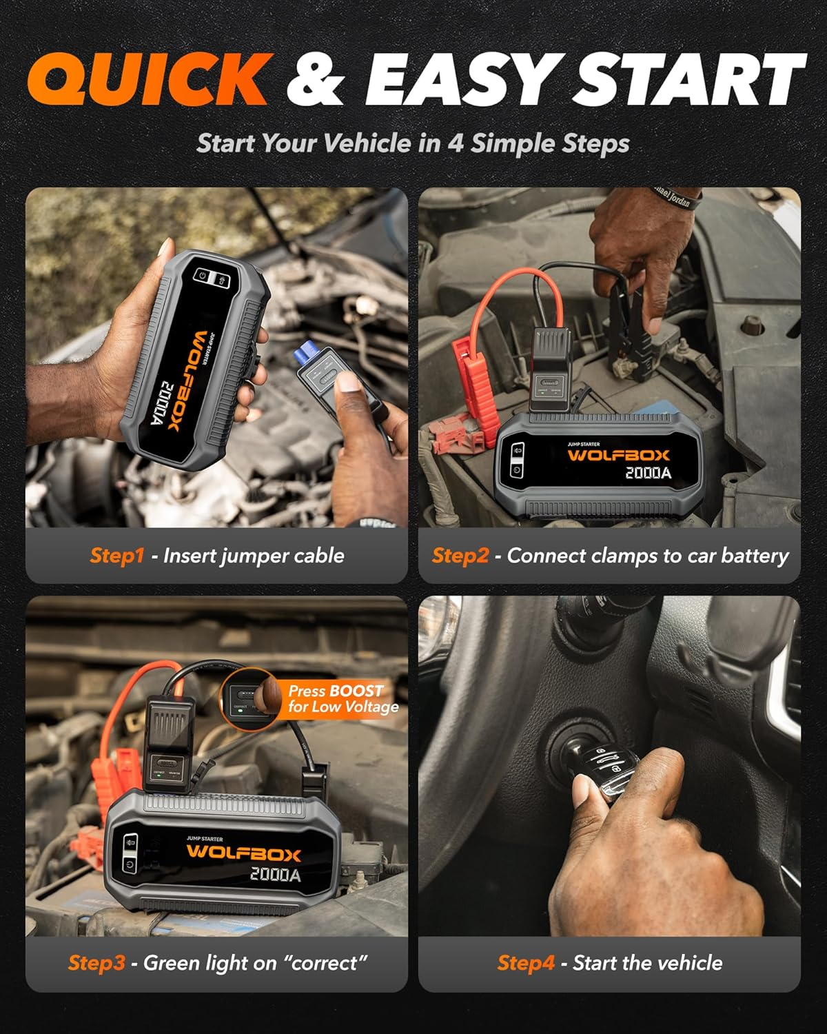 WOLFBOX Car Jump Starter 2000A, 12000Mah Battery with LED Display, Portable, 30W Fast Charge, 12V Car Battery Jump Starter Kit (7L Gasoline and 6L Diesel Engine) with Booster, LED Light, Jump Cable image number 2