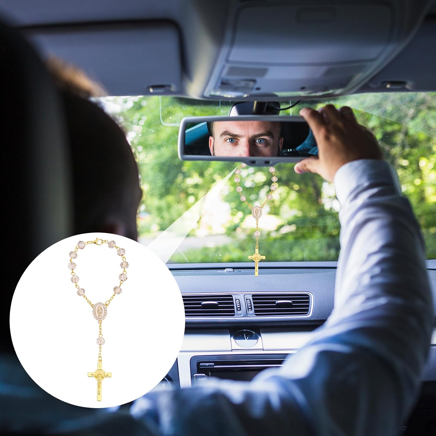 Rosary for Car Mirror Hanging, Stylish Car Rear View Mirror Accessories Catholic Rosary Hanging Ornament for Wedding Favors Baptism First Communion (Gray) - Purple image number 7