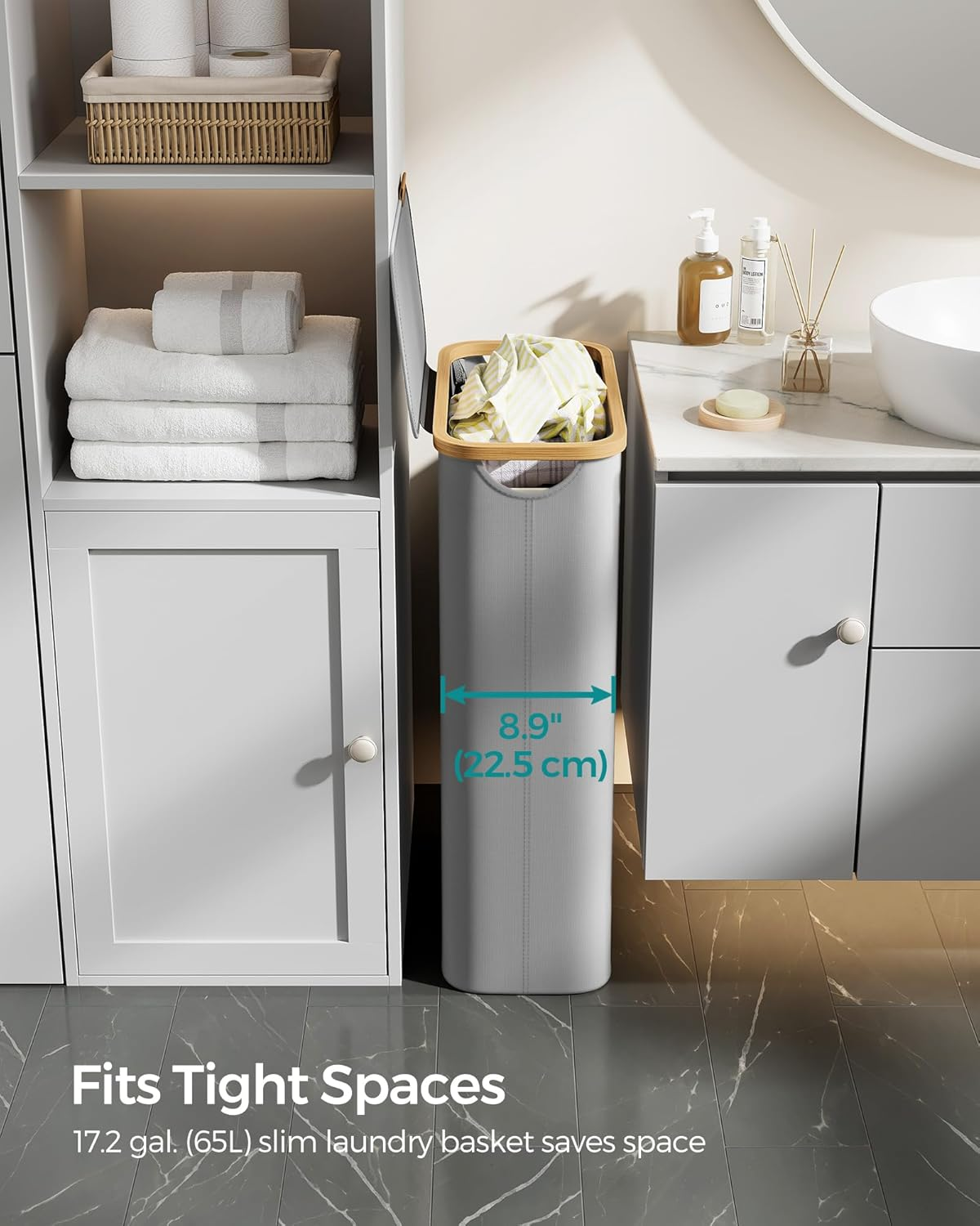 SONGMICS Laundry Hamper with Lid, Slim Laundry Basket, 17.2 Gallons (65L), Space-Saving, Removable Mesh Liner, Bamboo Handles, Collapsible, 16.5 X 8.9 X 27.8 Inches, Dove Gray ULCB506G01 image number 4