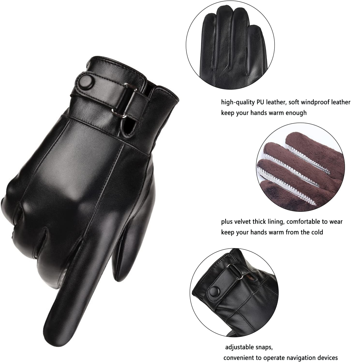 LJCZKA Black PU Leather Winter Gloves for Men, Touch Screen Winter Thermal Gloves Fleece Windproof Texting Driving Cycling image number 6