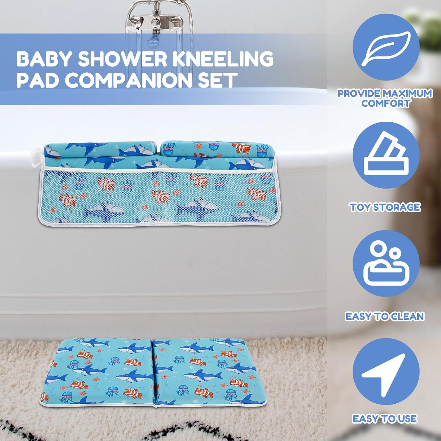 2Pcs Bath Kneeler and Elbow Rest Pad Set with 4 Organizer Pockets, Bathtub Kneeler Pad, Comfortable Non-Slip Kneeling Mat Cushion for Toddler Bathroom image number 6