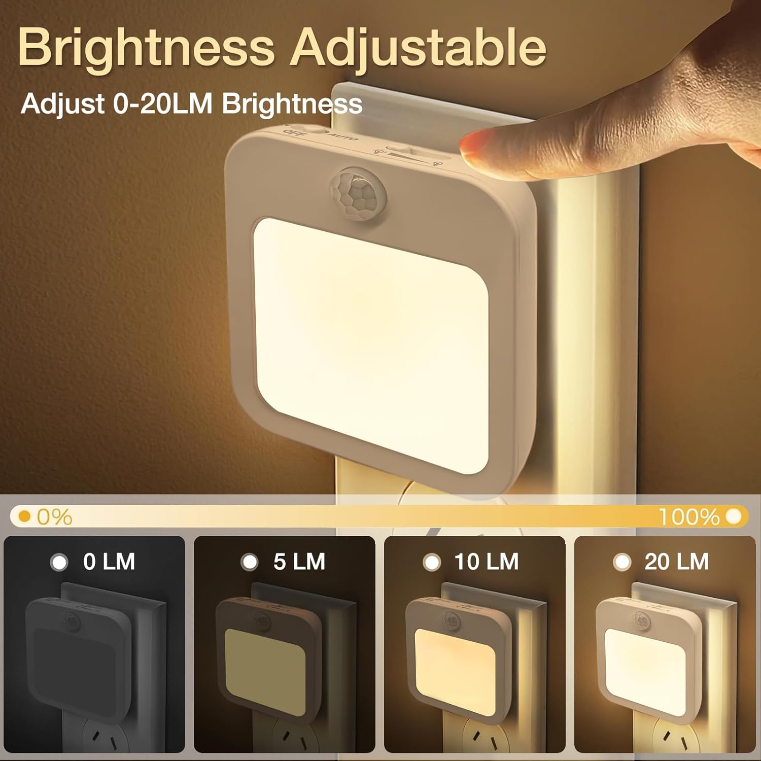 Dimmable Night Light Plug-In, Motion Sensor Plug in to Wall Night Light 3000K 2 Pack with on off Auto Switch Adjustable Brightness for Hallway Bedroom Kids Room image number 3