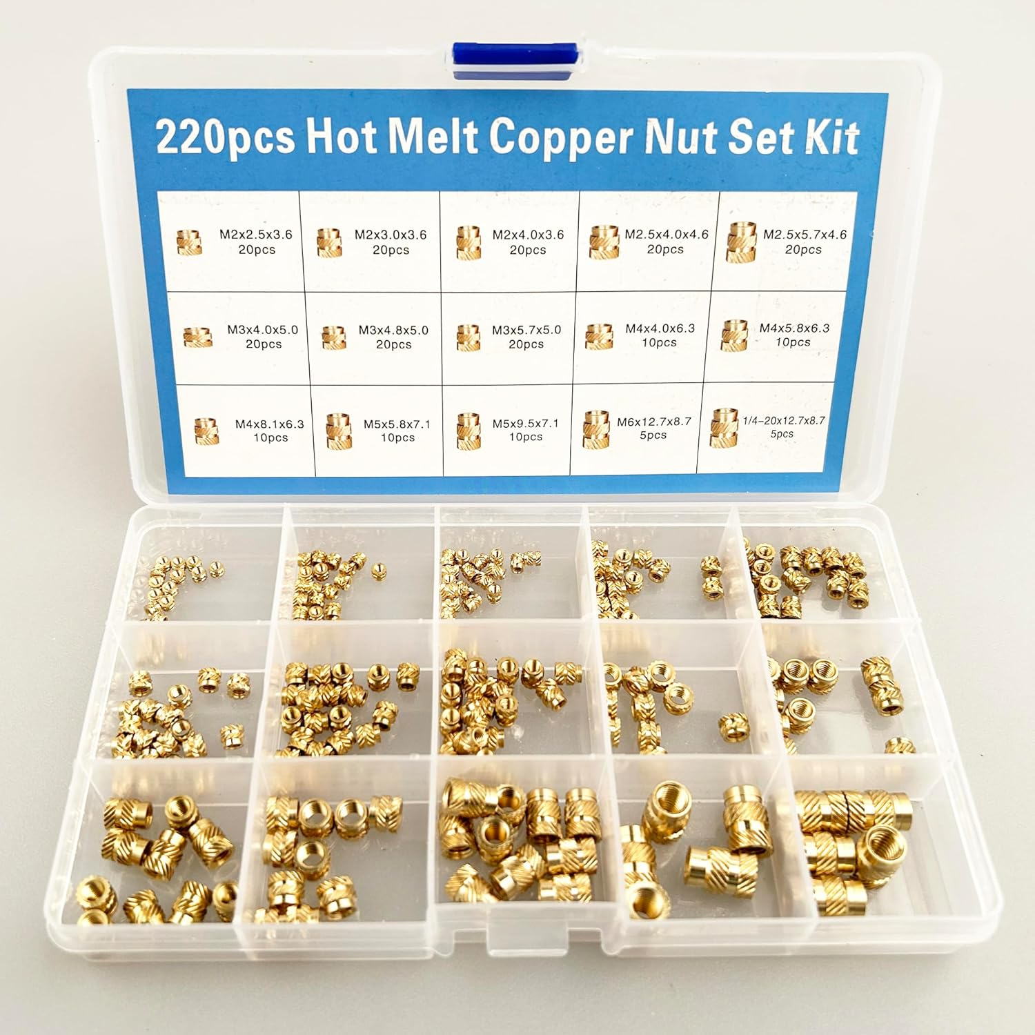 220Pcs Threaded Brass Inserts,M2,M2.5,M3,M4,M5,M6 and 1/4"-20 Heat Set Inserts and Brass Metric Knurled Nuts Assortment Kit for Plastic and 3D Printing Components image number 3