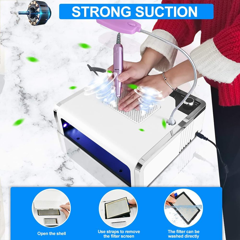 Xoxomeg 4 in 1 Nail Dust Collector, Nail Dryer Vacuum Cleaner with LED Lamp, 35000Rpm/Min, Adjustable Turning Direction, Electric Nail Drill Machine, for Salon & Home image number 4