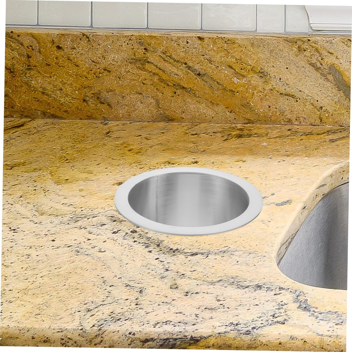 Luxshiny round Stainless Steel Drop-In Trash Chute Grommet 304 Metal Built-In Kitchen Counter Waste Bin Insert for Desktop image number 6