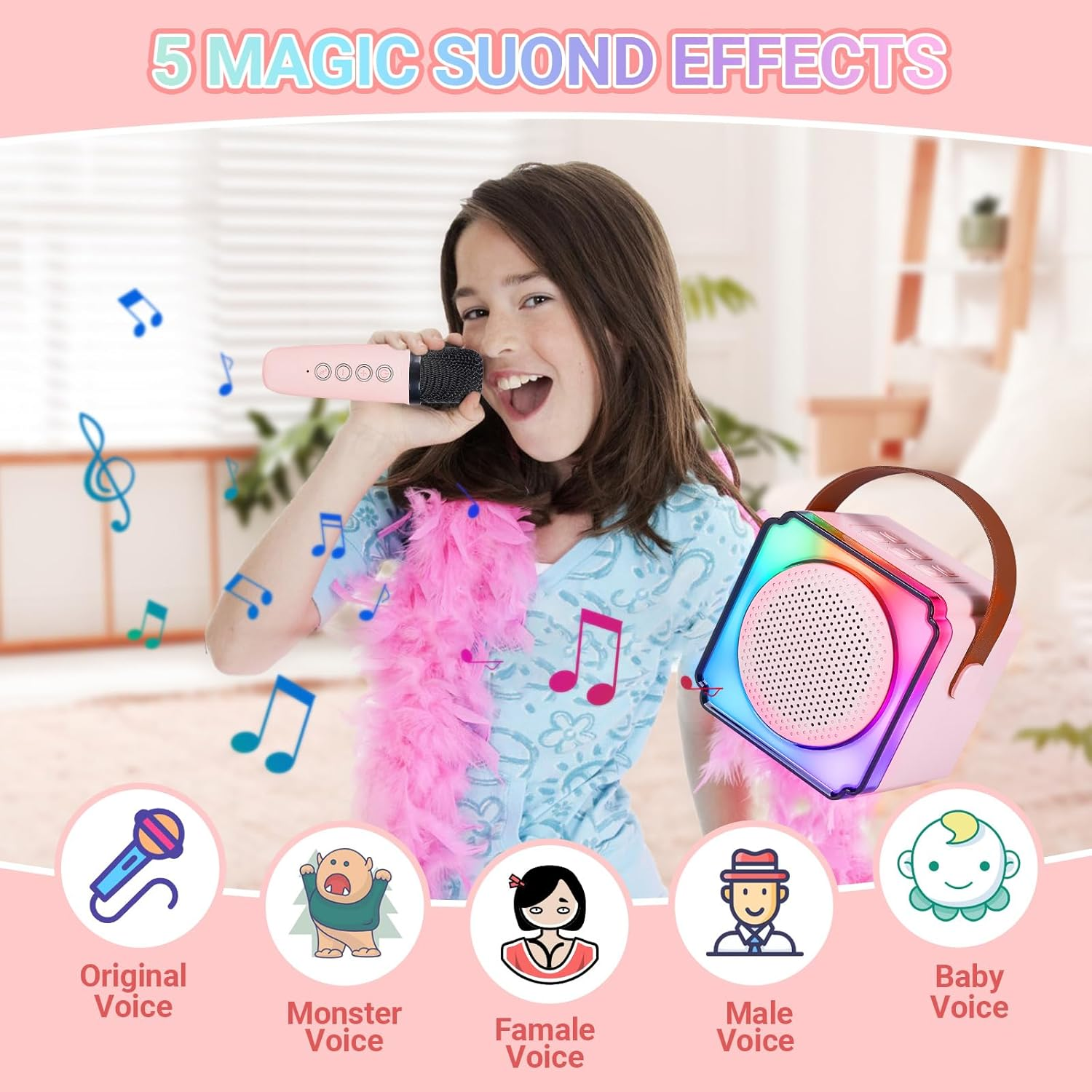 Portable Kids Karaoke Machine with 2 Wireless Microphone, Karaoke Microphone Machine Toy, Mini Bluetooth Speaker Gift with Colorful Lights for Teen Girls Boys Family Home Party Pink image number 5