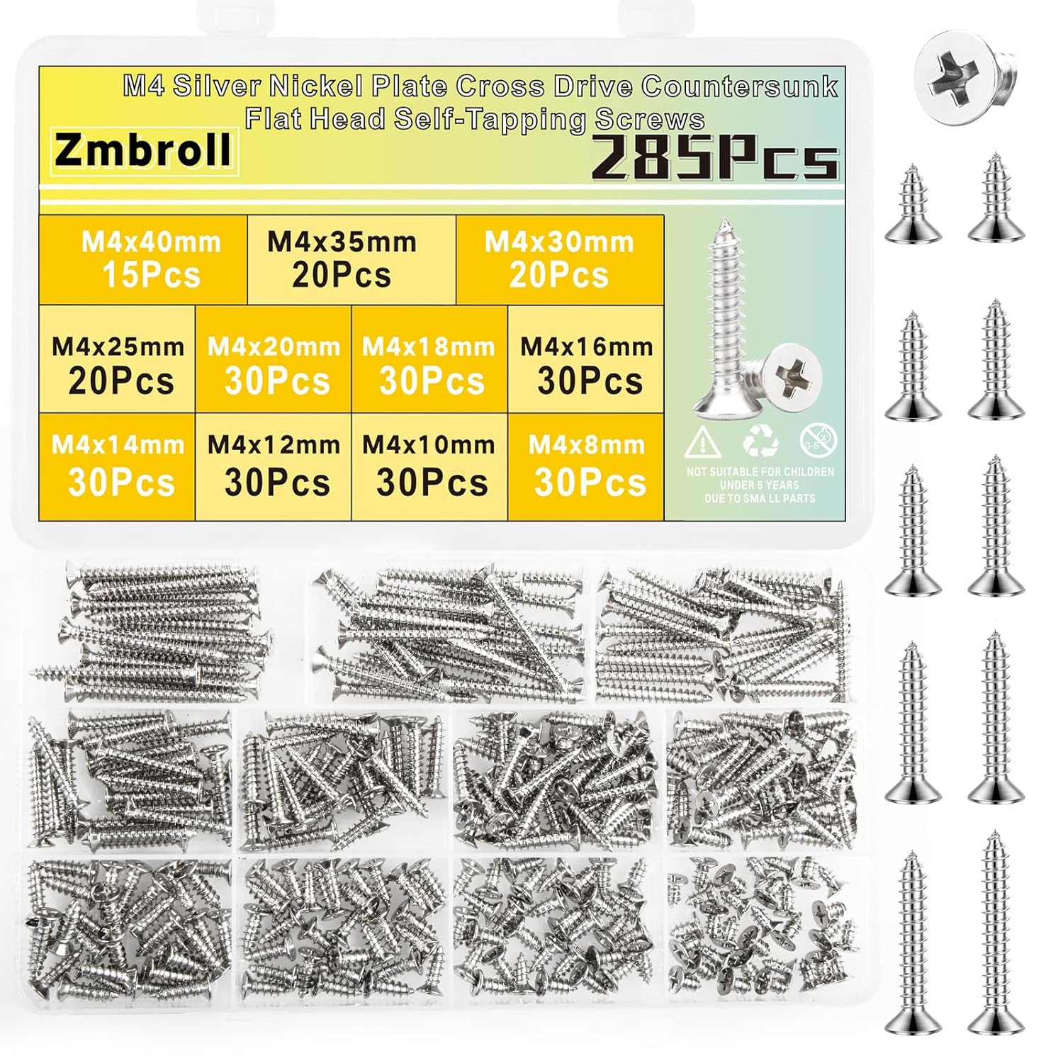 M4 Silver Wood Screws Countersunk Head Self-Tapping Screws 285Pcs Metric M4X8/10/12/14/16/18/20/25/30/35/40Mm Wood Fasteners Carbon Steel Screws Assortment Kit image number 6