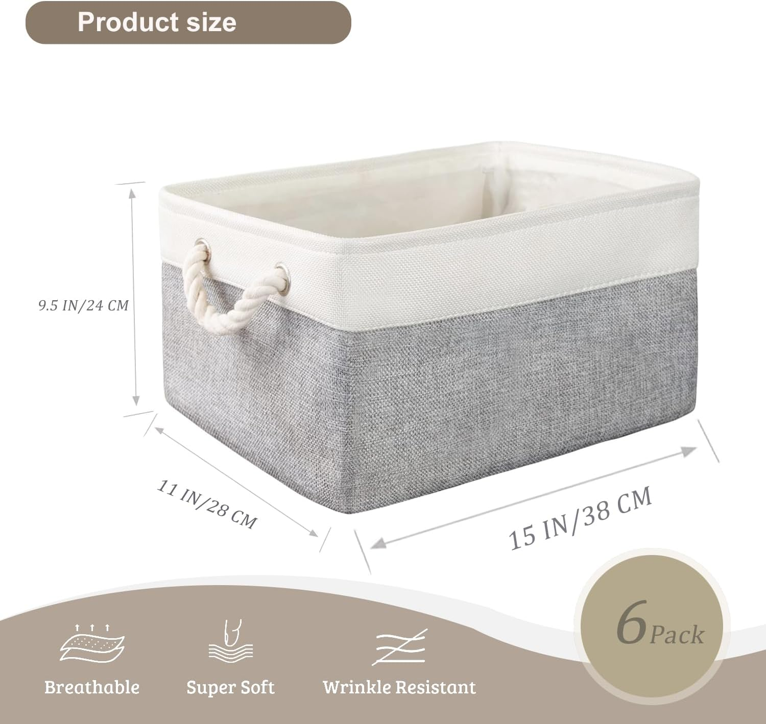 6-Pack Collapsible Fabric Storage Baskets, 38X28X24Cm Rectangular Organizer Bins for Shelves, Closets, Nursery, Home, Office, and Gift Storage, White & Grey image number 2