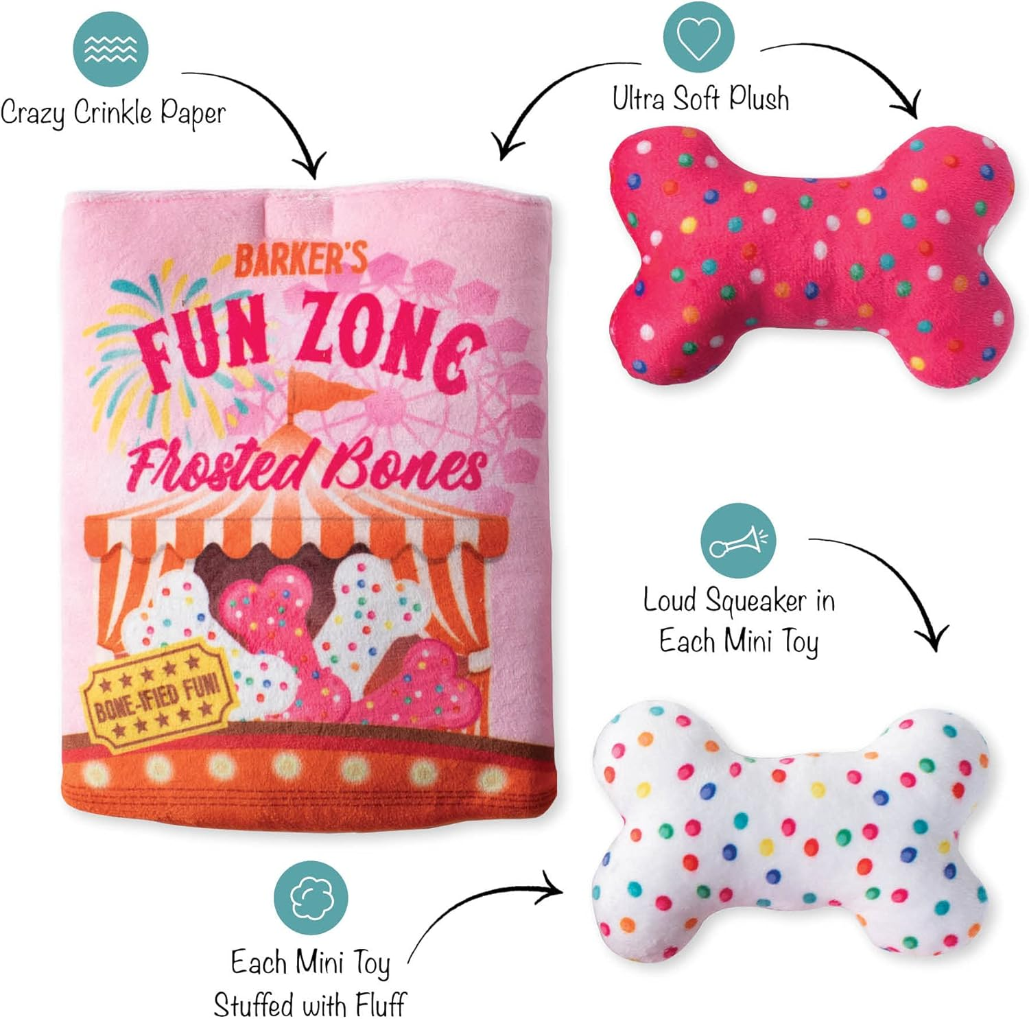 Fringe Studio Hide & Seek Burrow Plush Dog Toy Set, FUNZONE Bones(289211), Multicolored