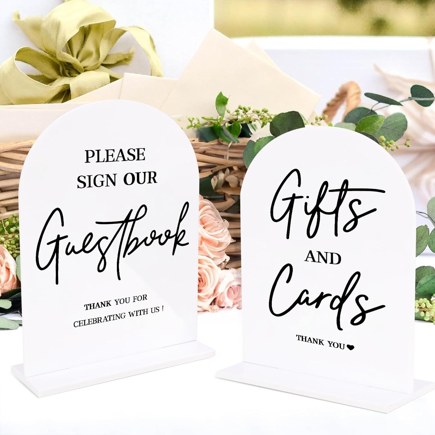 KOSKIMER 2 Pcs White Acrylic Wedding Signs for Ceremony and Reception, 5X7 Inch Wedding Gift Table Sign, Acrylic Guest Book Sign, Cards and Gifts Sign for Wedding, Wedding Reception Signs with Holder