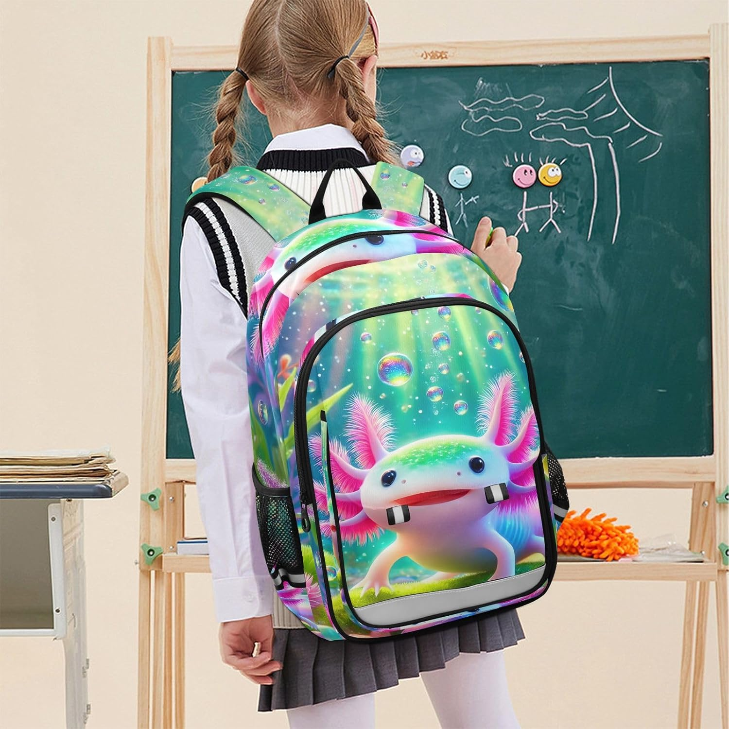 RPLIFE Cute Pink Axolotl Colorful Kids Book Bag, Backpack Chest Strap Kids, Girls Big Backpack, Cute Pink Axolotl Colorful, One Size, Traditional Backpacks image number 5