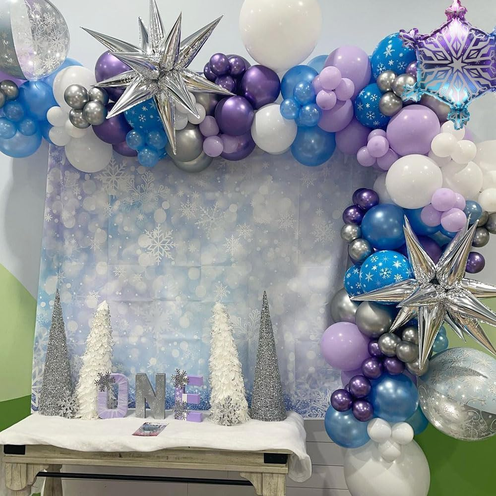 Blue Purple Snowflake Frozen Balloon Garland Arch Kit,148Pcs Ice Snow Blue Purple Silver White Snowflake Foil Balloons for Winter Wonderland Baby Shower Snow Princess Girls Birthday Party Decor (Blue) image number 1