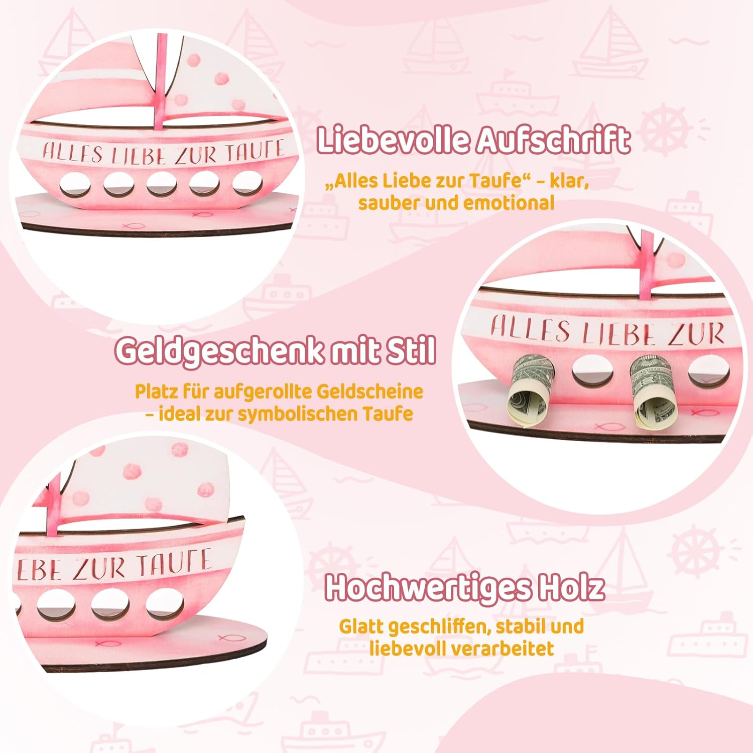 Christening Gifts Boys and Girls, Personal Wooden Sailing Boat as a Christening Gift, with Christening Card, Money Gift Idea, Unique Keepsake for Christening (Pink) - Blue image number 6