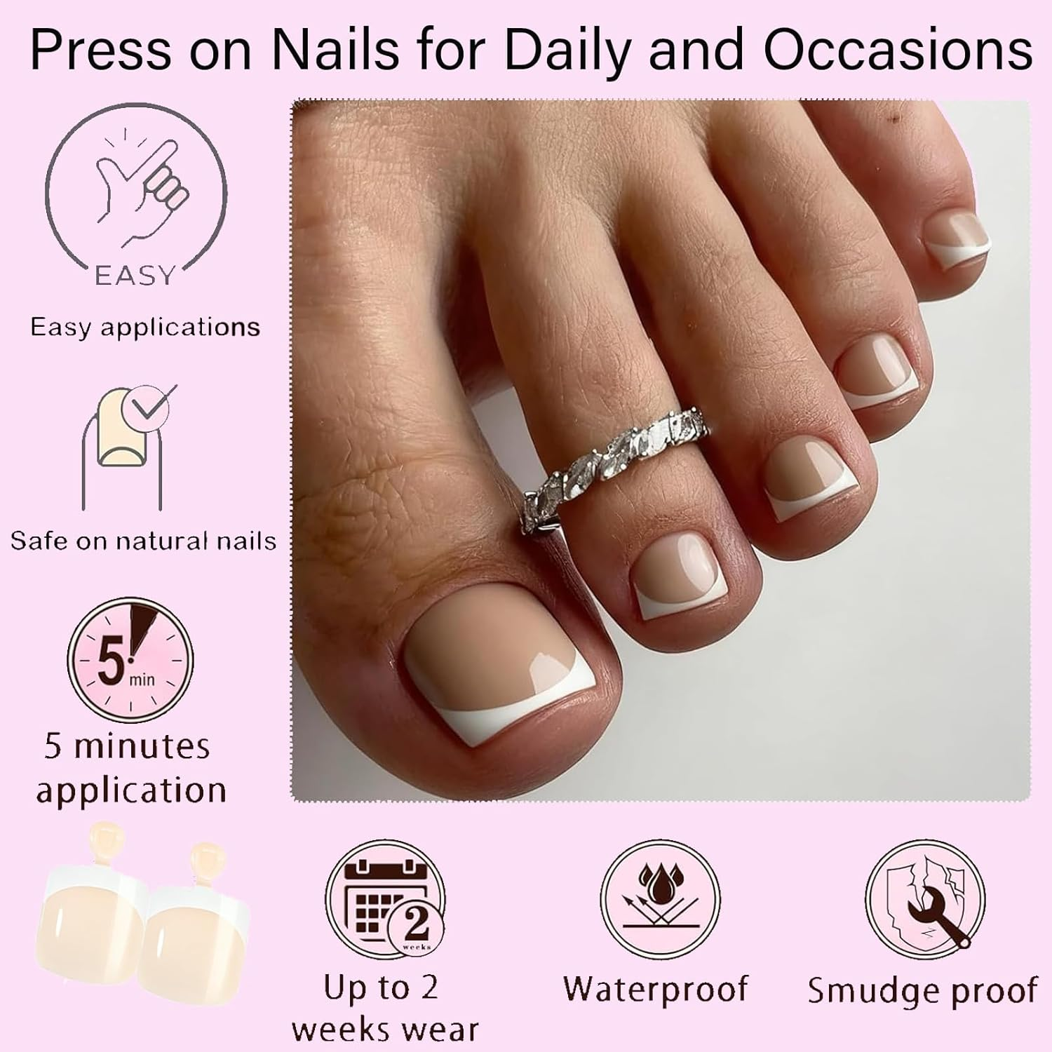 216 PCS Press on Toenails,French Tip Fake Toenails & Toe Nail Tips,Short Square Press on Nails,Odourless Gel Full Cover False Nails & Nail Extensions for Women Girls Home DIY