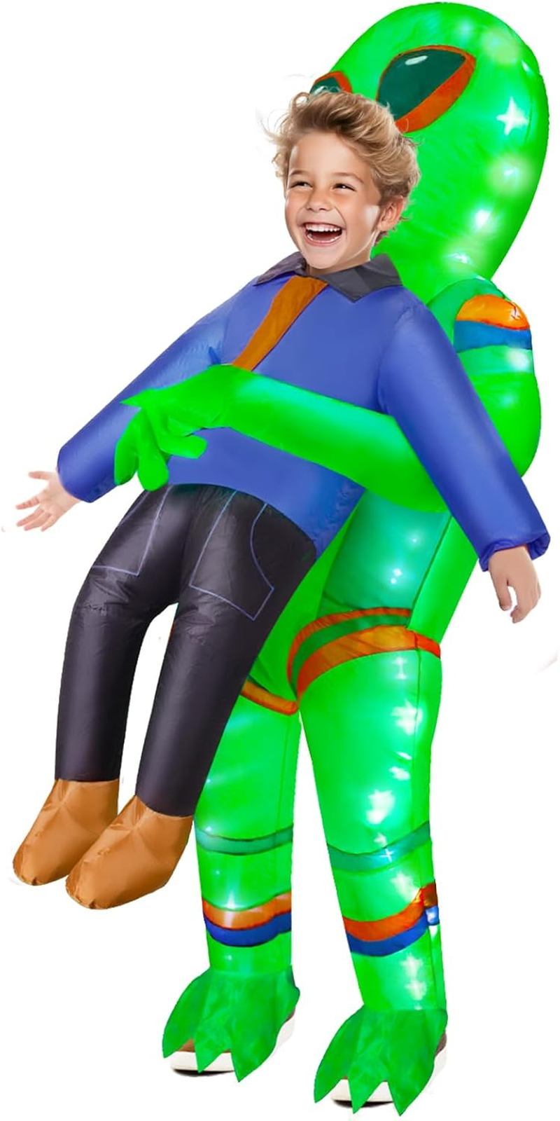 Inflatable Alien Costume for Adult Kids with LED Lights Blow up Lighted Alien Abduction Halloween Costumes Cosplay Party image number 1