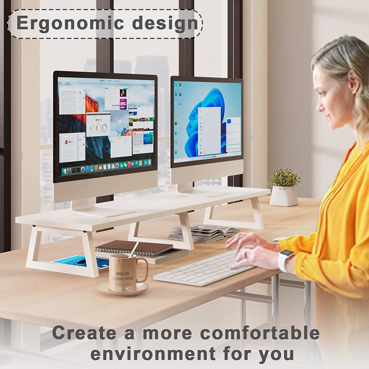 TEAMIX White Dual Monitor Riser for 2 Monitors-42Inch, Wood Desktop Dual Stand with Metal Legs, Long Screen/Pc/Laptop Storage,Computer Shelf TV Holder Home Office (White) image number 2