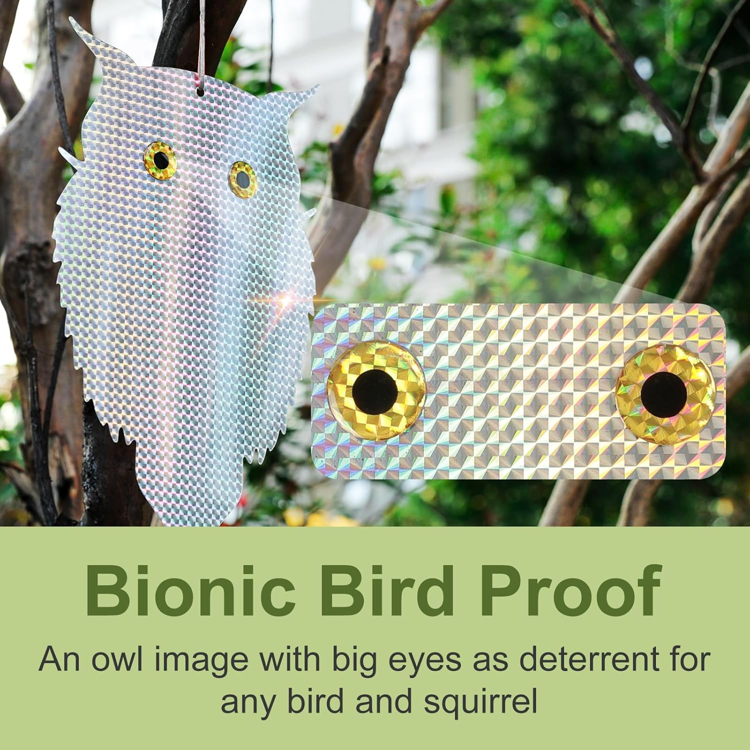 OFFO Owl Decoy for Pigeon Deterrent Hanging Outdoors Reflective Plastic Owls to Scare Pigeons to Keep Birds Away on Gardens with Bells 2 Pcs+4 Rods image number 3