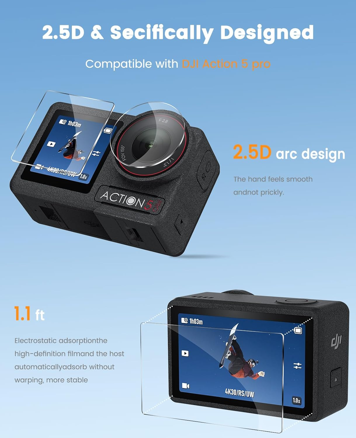 Yeavoic Screen Protector for DJI OSMO Action 5 Pro, Tempered Screen Protector, Pack of 2, Camera Accessories for DJI OSMO Action 5 Pro Film, 9H Hardness, Glass, Scratch-Resistant image number 2