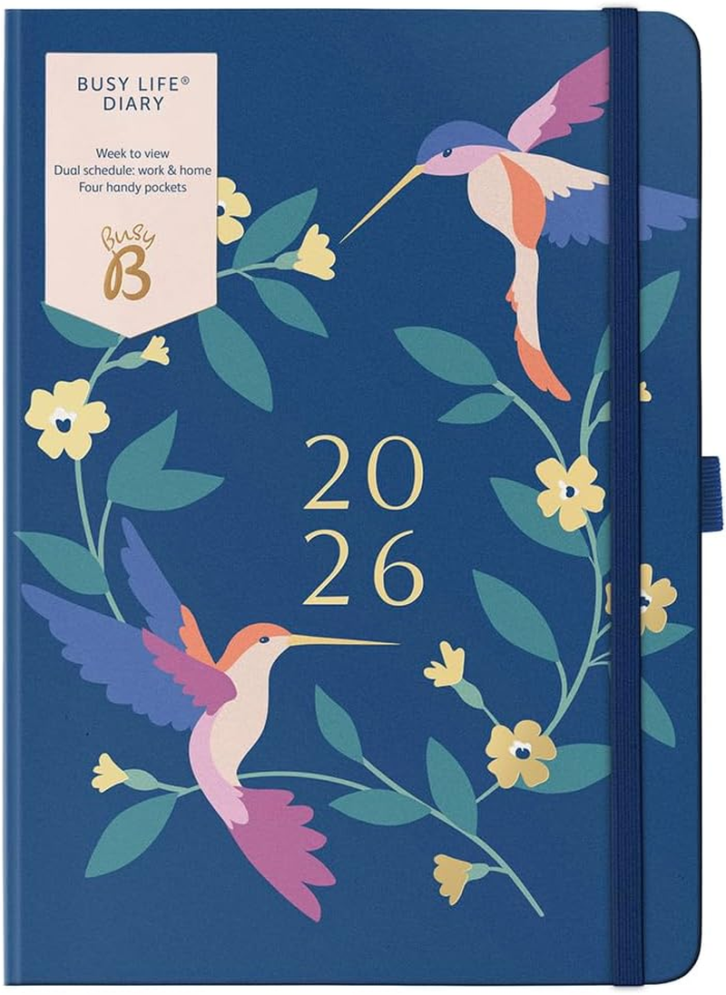 Busy B A5 2026 Diary - Busy Life Weekly Planner Journal &ndash; Life Diary for Students, Teachers, Work & More with Dual Schedules, Year Calendar, Pen Loop, Pockets & Elastic Closure Band - Birds Print