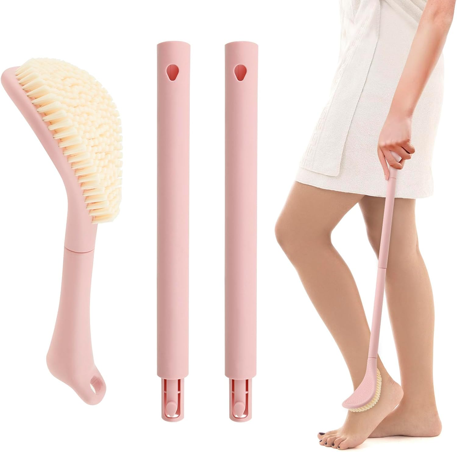 Awobepl Foot Brush with Adjustable Long Handle Enduring Foot Scrubber Easy to Clean Leg Scrub Brush for Senior Pregnant Disabled (Pink)
