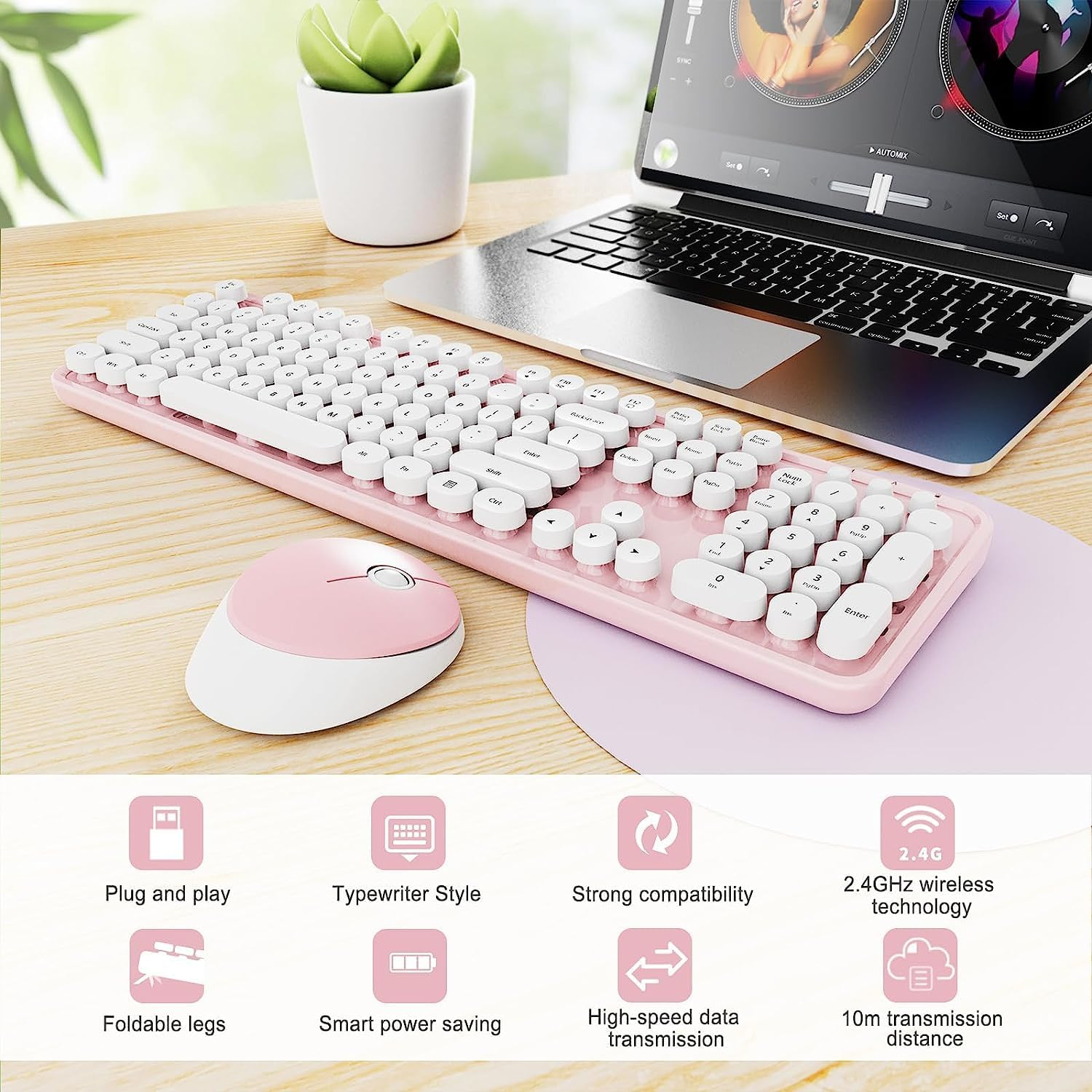 Youker Wireless Keyboard and Mouse Combo USB Wireless Retro Keyboard with round Keycaps 2.4Ghz Dropout-Free Connection Keyboard and Mice for Mac Windows 7/8/10/11 Laptop Desktop