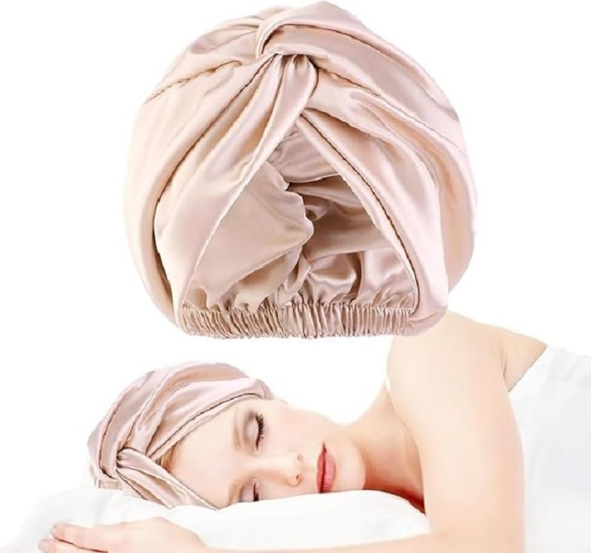 Silk Hair Wrap for Sleeping Silk Bonnet Night Sleep Cap for Curly Hair Double Layer Soft Silky Head Scarf Shower Caps for Women Hair Beauty Satin Bonnet with Adjustable Elastic Washing Makeup（Khaki ）26*23CM image number 4