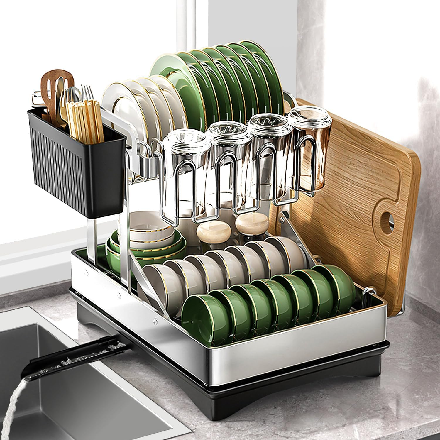 Dish Drying Rack, Multifunctional Dish Rack for Kitchen Counter, 2 Tier Collapsible & Stainless Steel Dish Drainer, Kitchen Drying Rack Equipped with Tableware Racks and Cup Holders image number 2