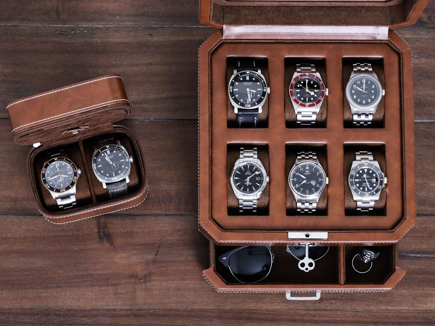 6 Slot Leather Watch Box with Valet Drawer - Luxury Watch Case Display Organizer, Microsuede Liner, Locking Jewelry Box, Mens Storage Boxes Holder Large Glass Top (Tan/Brown Gift Set)