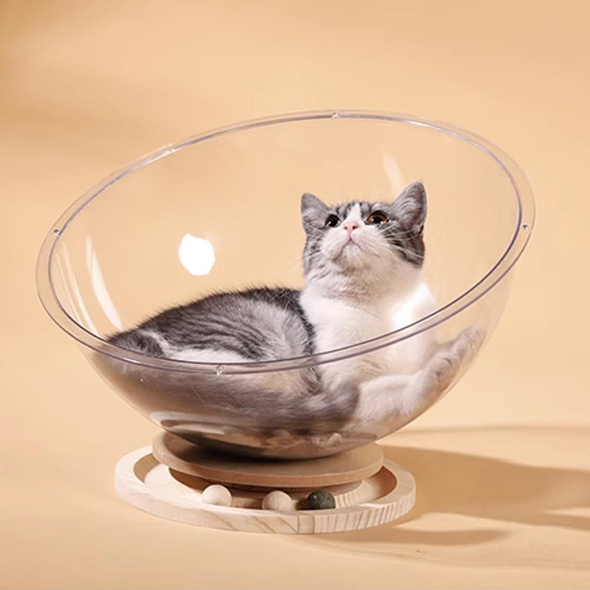 AIMALL Luxurious Space Capsule Cat Nest: 4-Season Acrylic Cat Bed with Integrated Play Turntable, 9.84" Universal Comfort & Modern Design image number 3