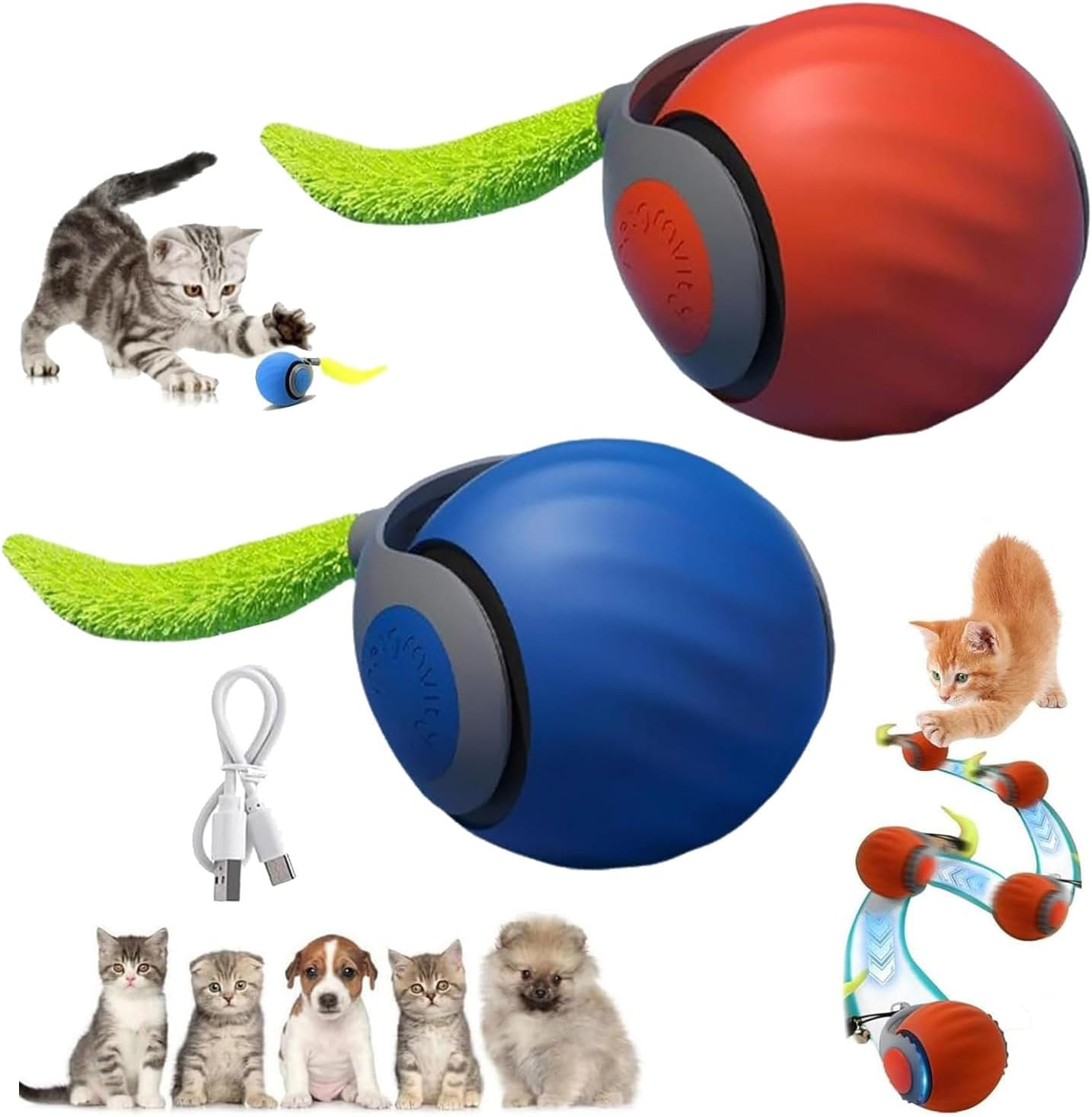 TKINRIC 2PCS New Interactive Rolling Cat Toy Ball,Interactive Cat Ball Toys for Indoor,360&deg; Smart Automatic Rolling Electric Dog Ball with USB Rechargeable(Red&Blue)