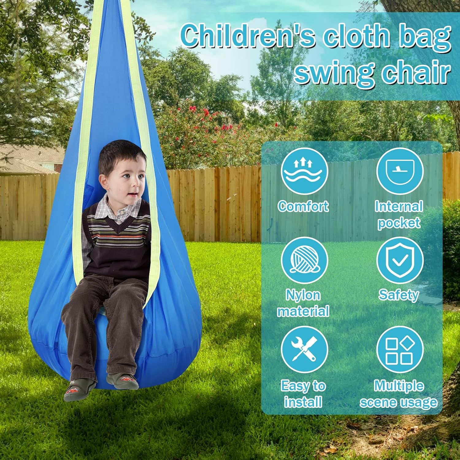 Kids Pod Swing Seat, Portable Hammock Sensory Chair Swing, with Inflatable Pillow Hanging Hammock Chair, with Pocket Max 80 Kg, for Indoor Outdoor Use Kids, for Backyard Playground Indoor Outdoor