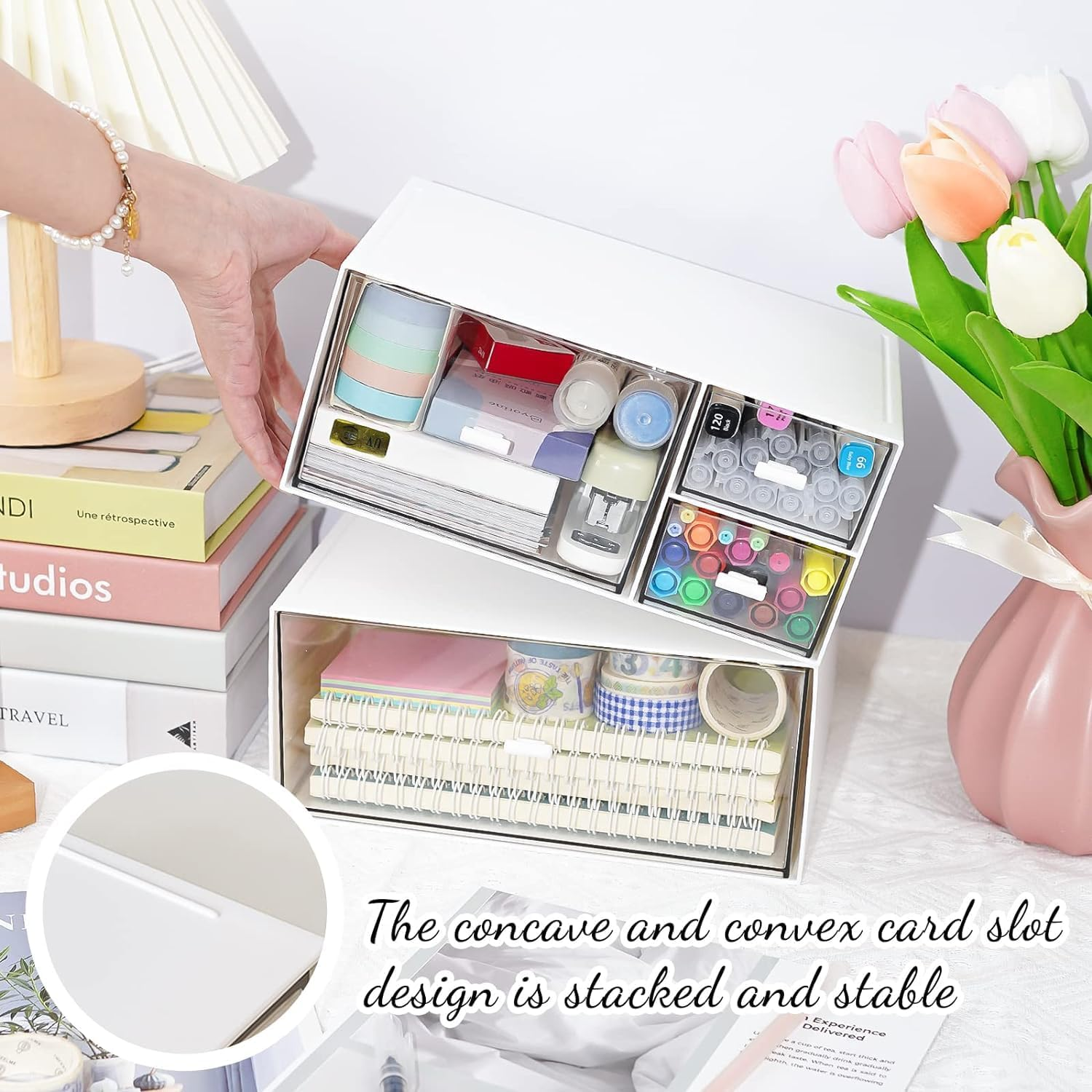 Desk Drawer Organizer, Transparent Makeup Organizer Storage Box with 4 Removable Plastic Drawers, Desk Storage and Accessories for Home Collection Cosmetics Office Bathroom Counter Dressing Table image number 1