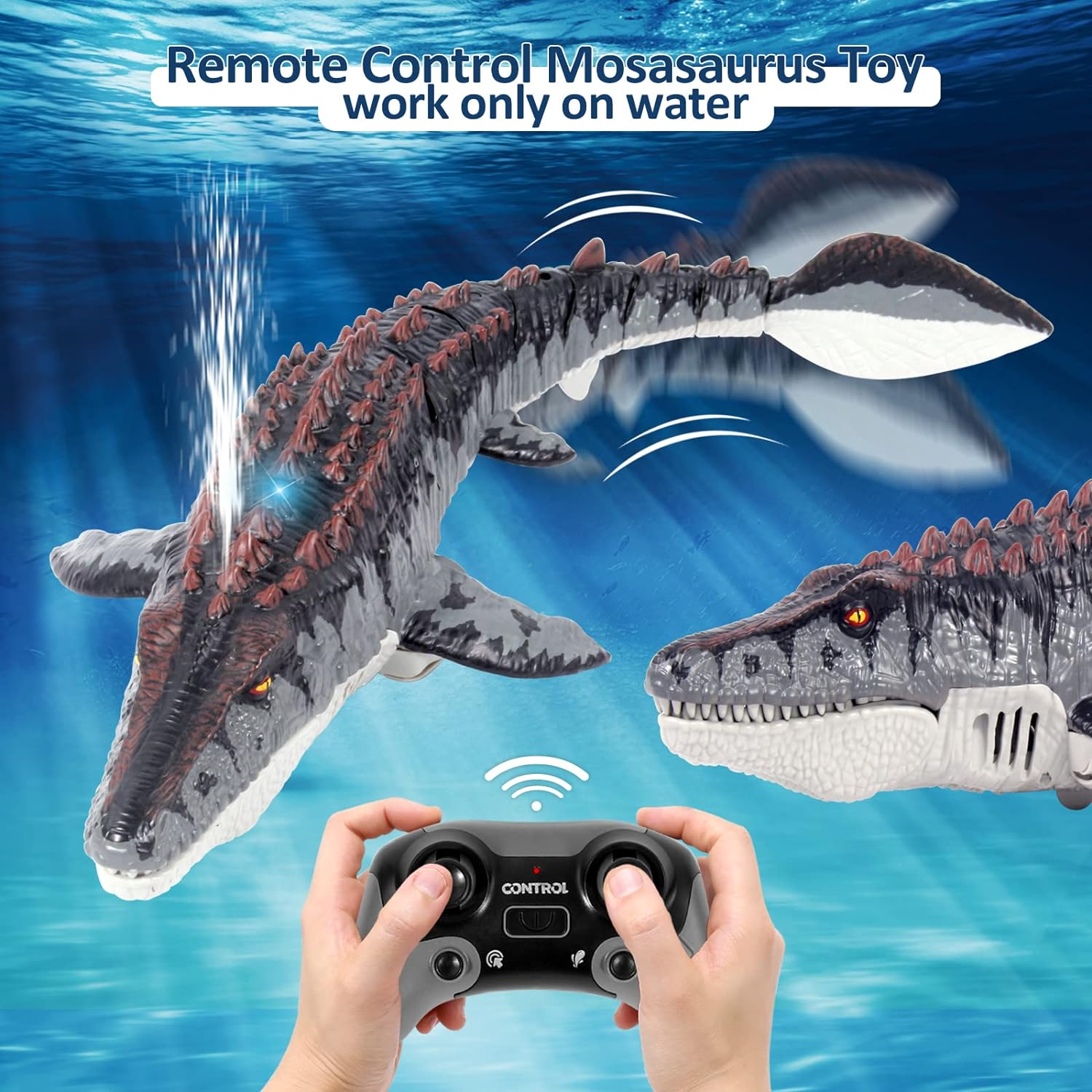 Remote Control Mosasaurus Dinosaur Toys for Kids, Upgrade Mosasaurus Water Toy, Pool Toys, RC Dino with Light and Spray Water for Swimming Bath Lake Ocean RC Boat Shark Toys image number 6