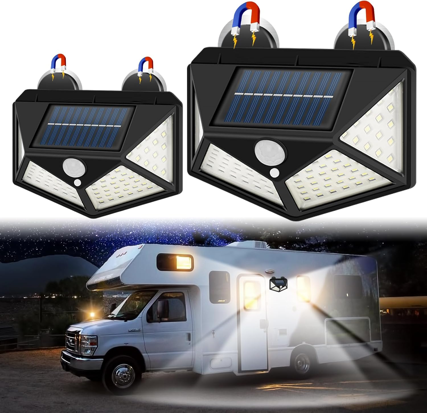 Magnetic Solar RV Light with Motion Sensor &ndash; Bright 100 LED RV Exterior Light, Waterproof RV Porch Lights for Camper, Trailer, Motorhome Outdoor&ndash; Easy Install with 2 Strong Magnets (2 Pack) image number 2