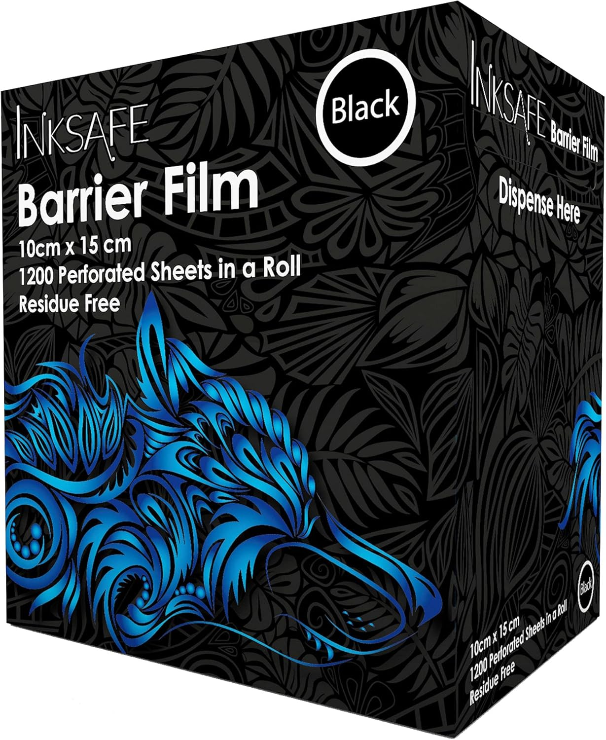 Inksafe Black Protective Adhesive Barrier Film Roll Dispenser, 10Cm X 15Cm, 1200 Sheets/Roll - Medical, Dental, Tattoo, Beauty image number 1
