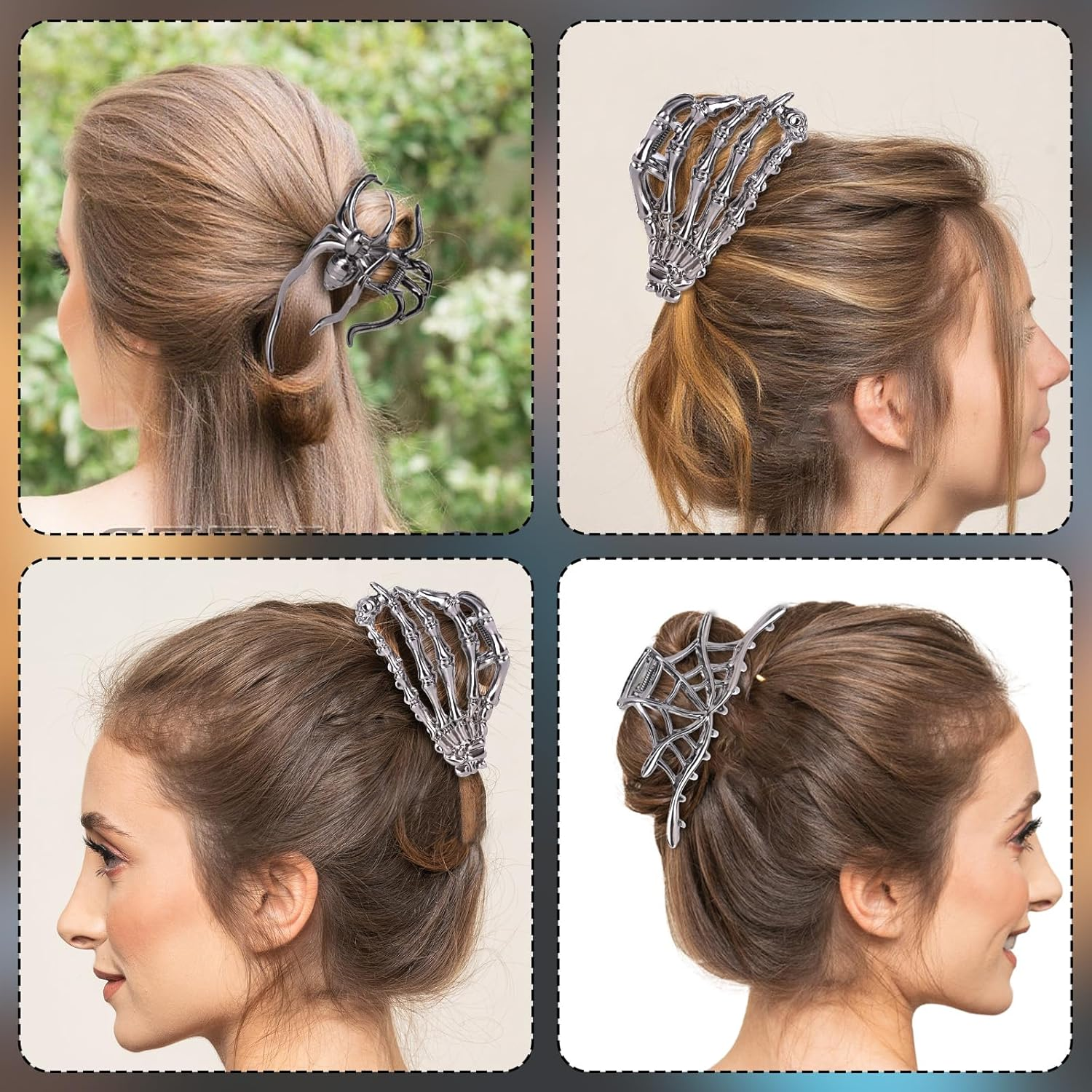 3 Pcs Halloween Hair Claw Clips for Women & Girls, Gothic Metal Hair Accessories with Hollow Design Spider Web Skeleton Hand Spider Claw Clips for Halloween Party Cosplay image number 3