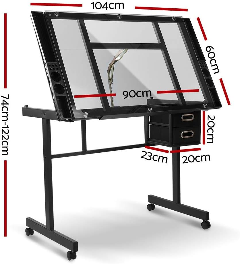 Artiss Drawing Table, Metal Adjustable Drafting Tables Desk Craft Standing Desks for Artwork Work Bench Painting Studio, Tempered Glass Desktop with Removable Drawers Storage Tray Castor Pad Black
