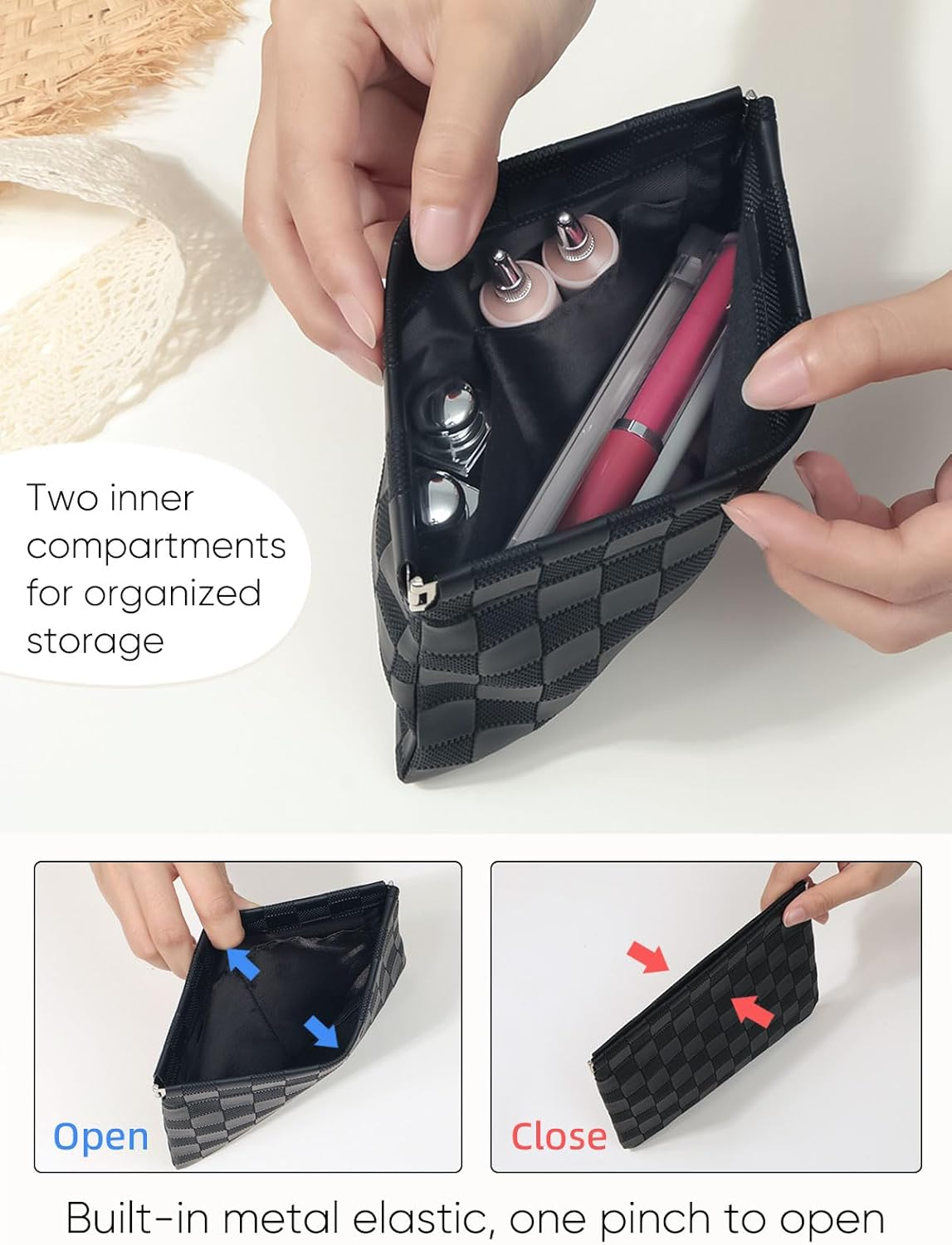 Ksriylm Black Plaid Leather Makeup Pouch for Women Small Make up Bag for Purse Self-Closing Waterproof Initial Checkered Makeup Cosmetic Bags Pouches for Purse Aesthetic Travel Toiletry Bag - Green image number 3