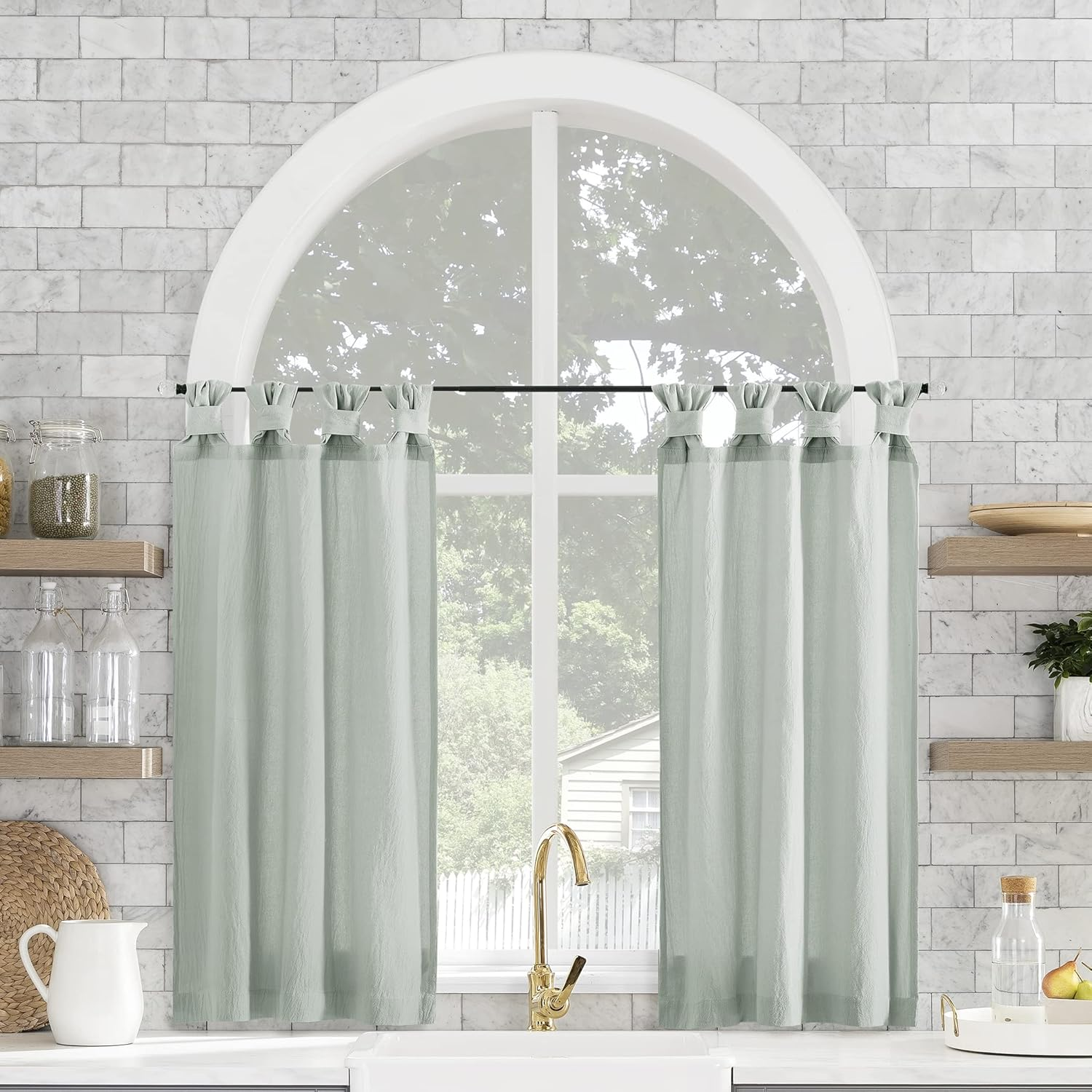Archaeo Washed Cotton Small Window Twist Tab Cafe Curtains, 52" X 45", Seafoam Green