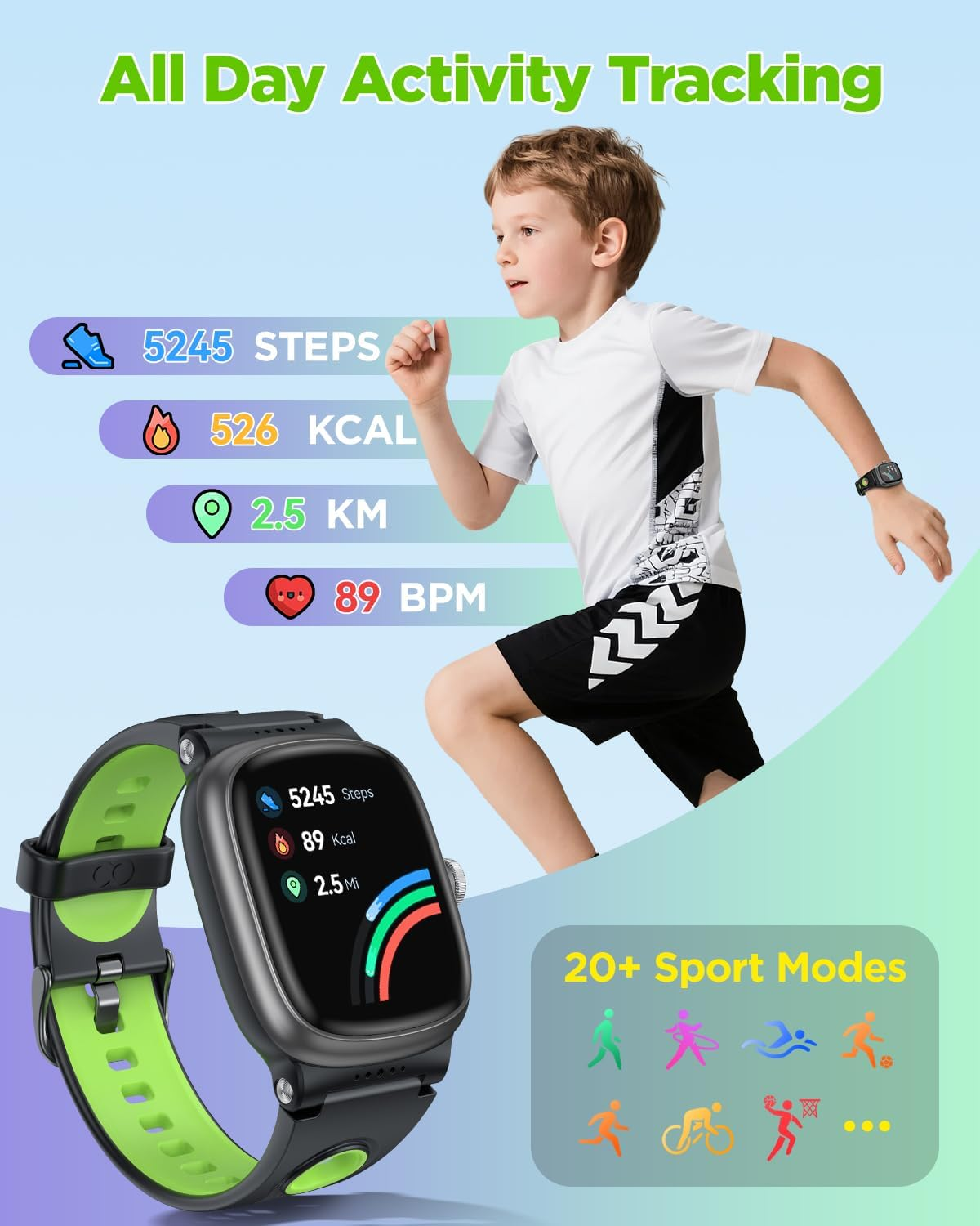 Kids Smart Watch for Boys Girls, Fitness Activity Tracker Watch with Sleep Monitor,Waterproof Pedometer,20 Sports Modes,Calories Counte (Black) image number 3