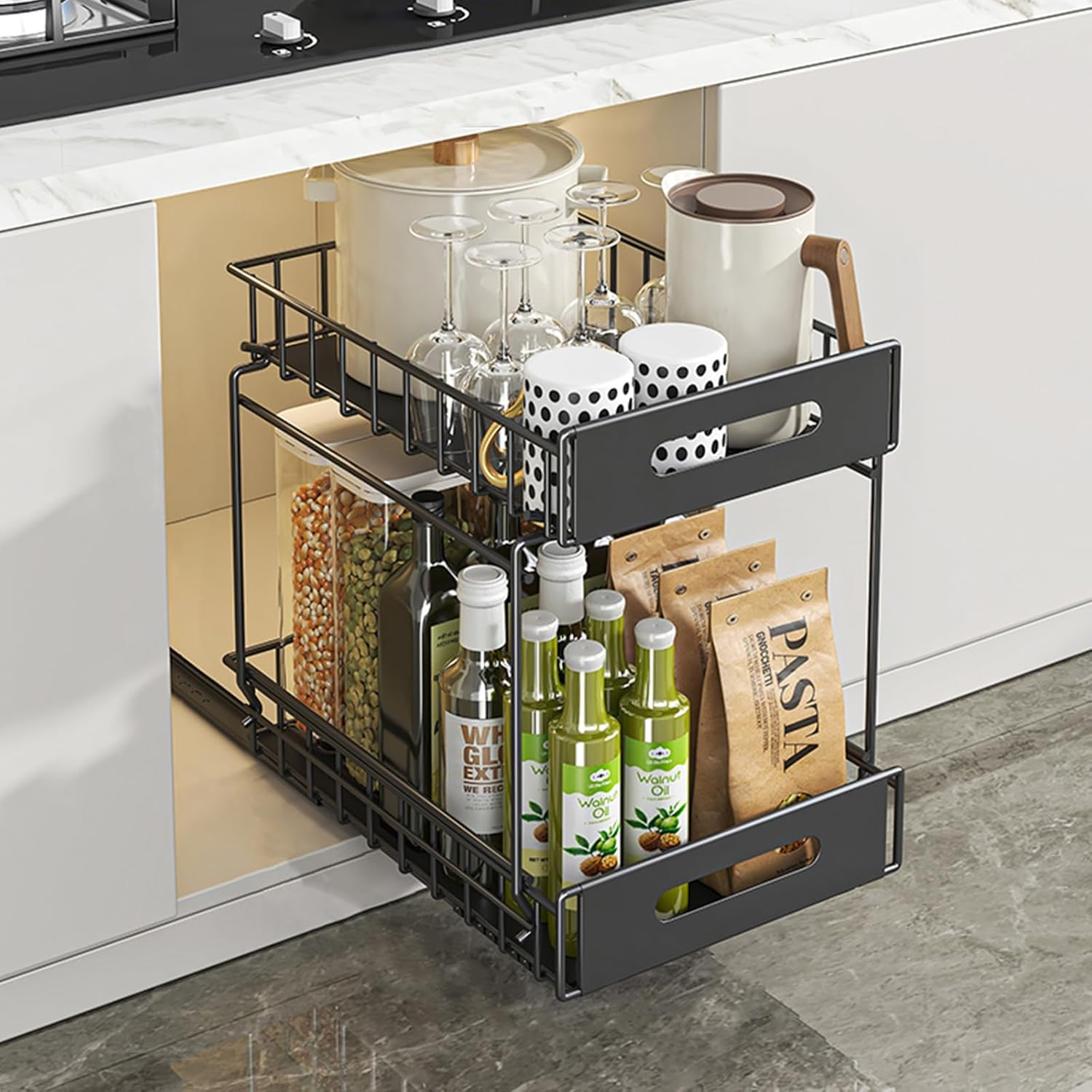 2-Tier under Sink Organizer and Storage, Adhesive Pull Out Cabinet Organizer, Peel and Stick Slide Out Drawer Shelf, Multi-Purpose Metal under Sink Storage Rack for Kitchen, Pantry, Bathroom (White)