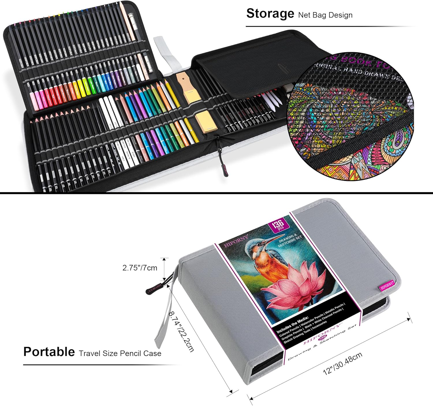 HIFORNY 136 PCS Drawing & Sketching Set,Pro Art Supplies with Graphite,Charcoal,Colored,Watercolor,Metallic Pencils,Blending Tools,Sketchbook,Watercolor Book and Coloring Book in Zipper Case (Grey) image number 1